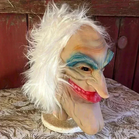 Vintage Other - Vintage Halloween Mask Old Man Hag Witch With White Hair Hood Latex Costume 70s